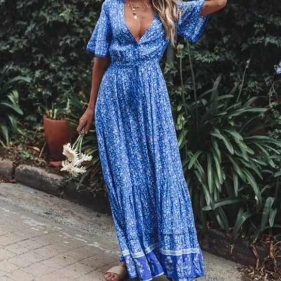 Blue Bohemian Gypsy Floral Short Sleeve V-Neck Long Casual Maxi Dress - Picture 3 of 6